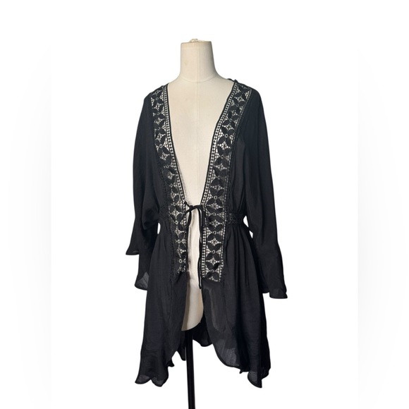 Love Tree Black Lace Trim Open-Front Kimono Cardigan | Boho Flowy Lightweight - Picture 3 of 8